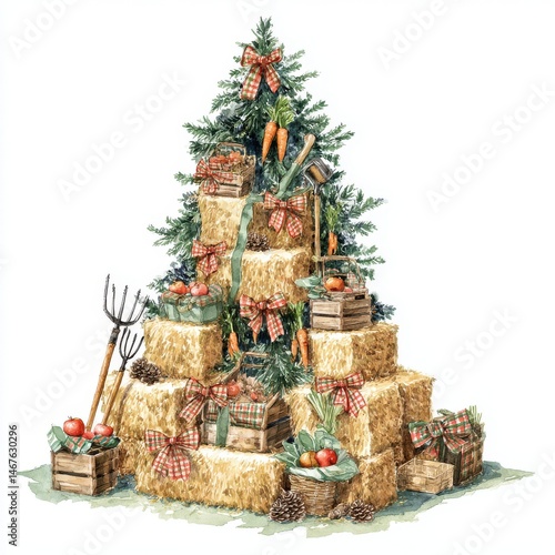 Charming rustic Christmas tree made of hay bales adorned with festive decorations