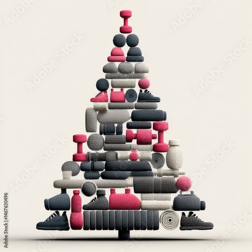 Creative Christmas tree design made from fitness equipment and colorful accessories