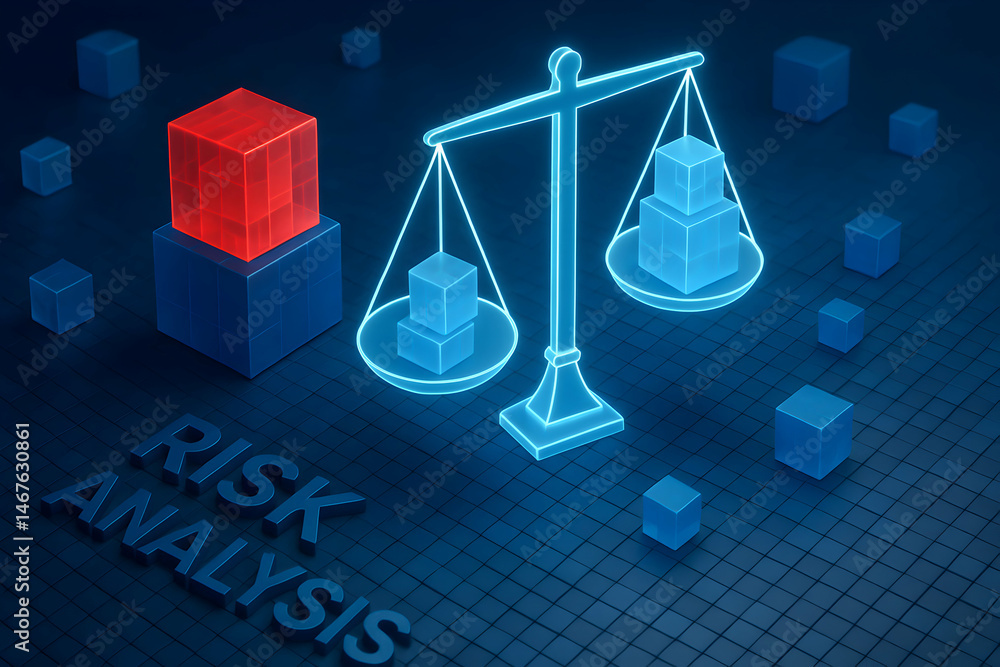 This striking image illustrates risk analysis using a balanced scale and colored cubes, highlighting the importance of evaluation in business decision-making.