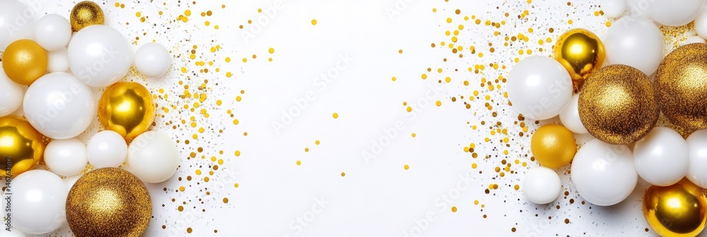 Gold and White Balloons Festive Background - Elegant arrangement of gold and white balloons with gold confetti on a white background, perfect for celebrations and festive designs Gold and White Balloons Festive Background - Elegant arrangement of gold and white balloons with gold confetti on a white background, perfect for celebrations and festive designs