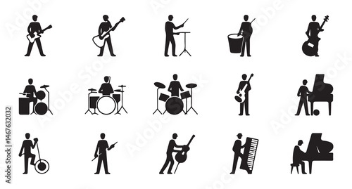  A collection of black silhouette music icons depicting various musicians playing different instruments such as guitar, drums, keyboard, trumpet, and saxophone.