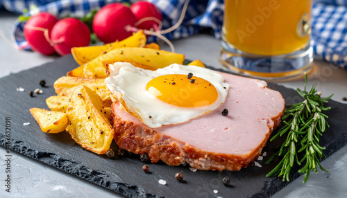 leberkäse, essen, gericht, kartoffel, kartoffeln, bratkartoffeln, pommes, fries, spiegelei, ei, neu, closeup, bayrisch, münchen, bayern, wiesn, oktoberfest, makro, fotografie, teller, gebraten, mahl, 