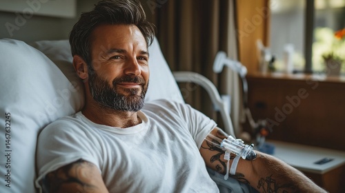 Recovery hope, adult man lying in hospital bed with infusion set smiling