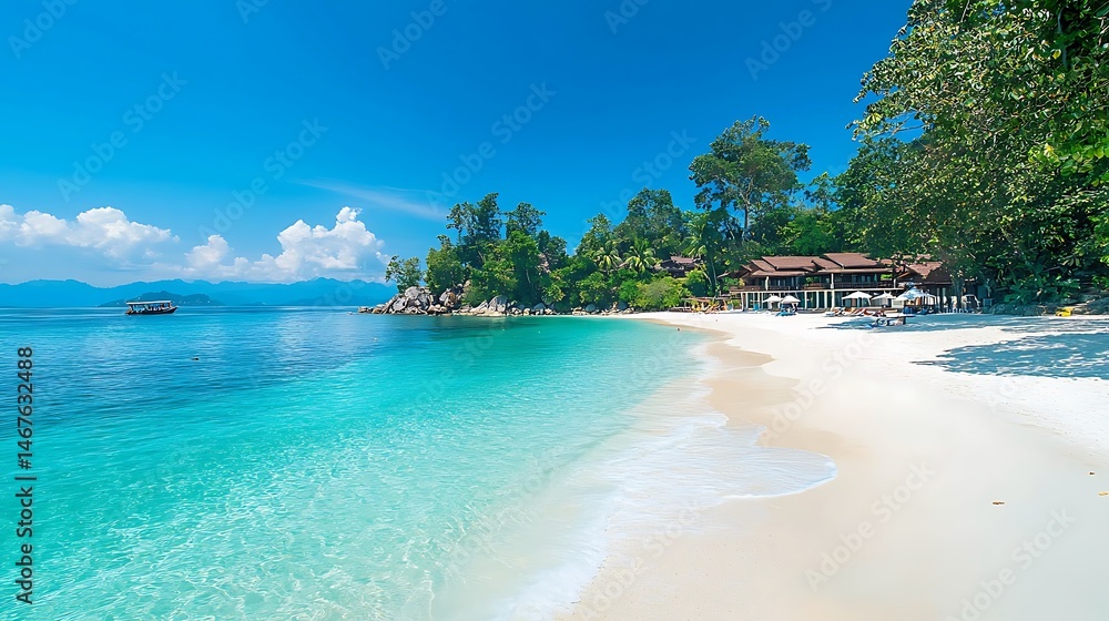 Fototapeta premium Idyllic Tropical Beach Scene White Sand Turquoise Water Luxury Resort