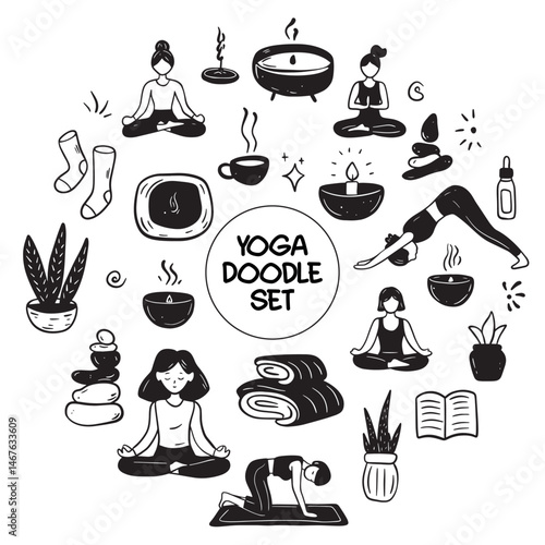 A Creative Yoga Doodle Set Showcasing Diverse Yoga Poses, Symbols, and Illustrations for your projects