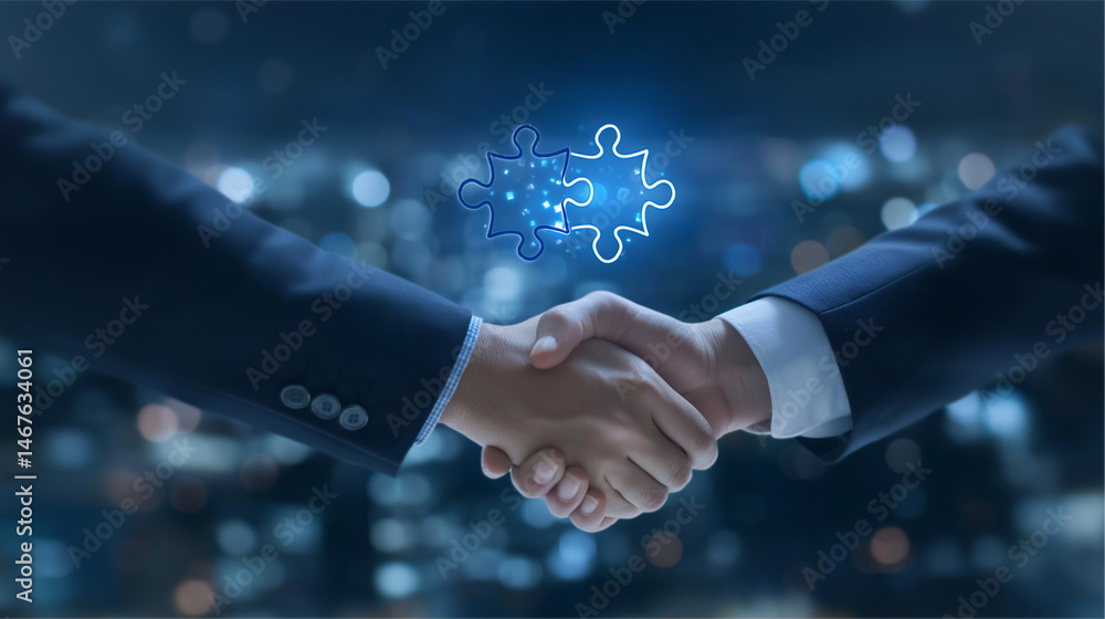 Fototapeta premium Partnership Agreement: A symbolic digital handshake of two professionals, representing partnership, agreement and the successful completion of a deal. Illustrating teamwork and the power of unity.