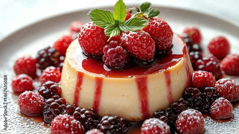 Delightful Dessert: A close-up showcases a delectable dessert, adorned with a vibrant array of fresh berries and a delicate mint leaf, offering a tempting glimpse of culinary artistry. Delightful Dessert: A close-up showcases a delectable dessert, adorned with a vibrant array of fresh berries and a delicate mint leaf, offering a tempting glimpse of culinary artistry.