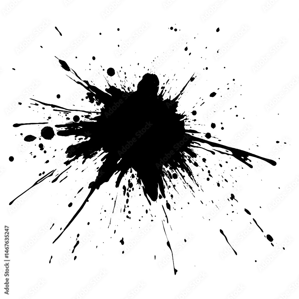 Black paint splatters create an abstract grunge explosion effect , cut out. Black color paint brush stroke Black paint splatters create an abstract grunge explosion effect , cut out. Black color paint brush stroke