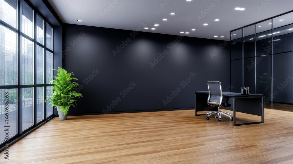 Modern Dark Office Space Interior - Empty modern office with dark walls, wood floors, large window, and a desk with chair. Ideal for business, real estate, or corporate marketing Modern Dark Office Space Interior - Empty modern office with dark walls, wood floors, large window, and a desk with chair. Ideal for business, real estate, or corporate marketing