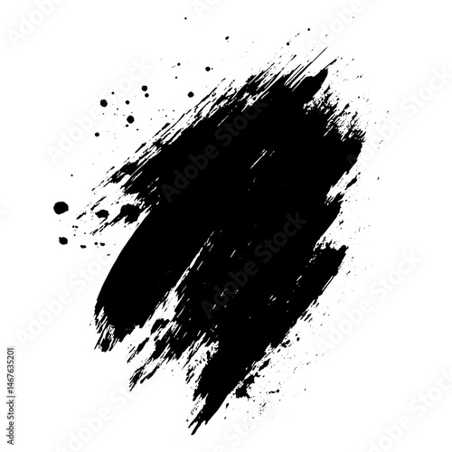 Abstract black grunge brushstroke and splatter with dynamic texture , cut out. Black color paint brush stroke