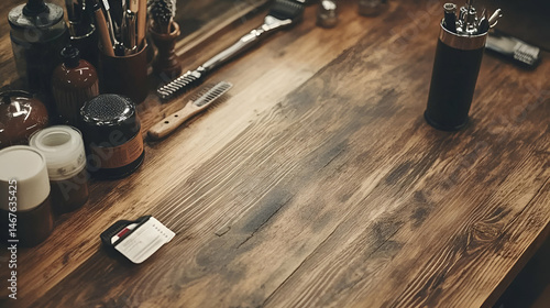 Dark Brown Wooden Table with Barber Tools and Supplies