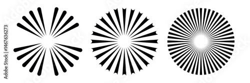 Sunburst vector icons set on white background. Set of sunburst,  collection in black color. Bursting, light, starburst rays, sunrise firework design elements. Vector Illustration.