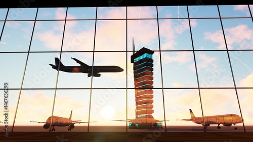Airport control tower and departing passenger plane. Tourist season. Airline transportation idea concept. Travel by plane, vacation. Aviation.Aircraft flying in blue sky. Airport traffic control tower