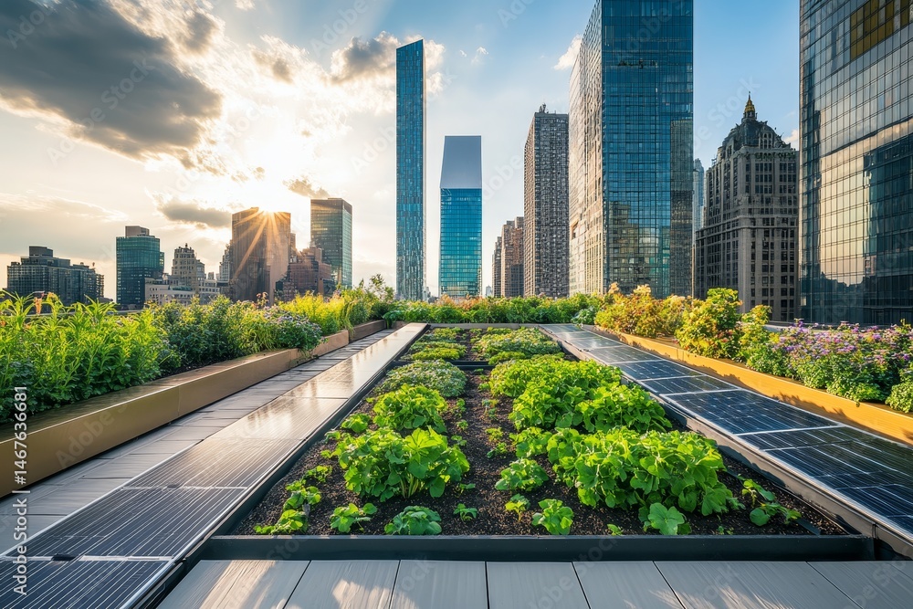 Fototapeta premium Urban rooftop garden with solar panels at sunset.