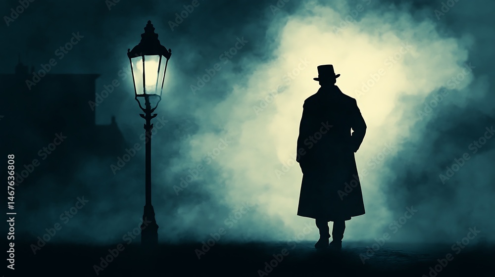 Obraz premium Mystery figure silhouette with vintage street lamp and fog