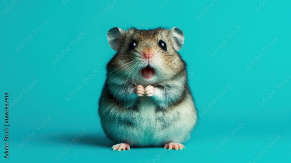 Cute hamster with surprised expression on turquoise background Cute hamster with surprised expression on turquoise background