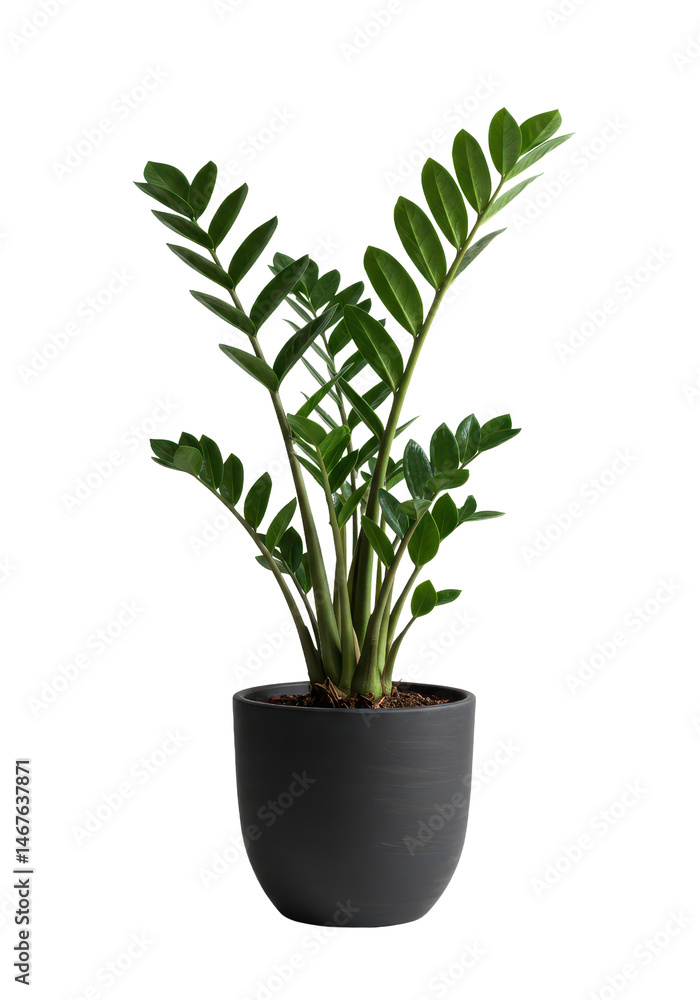 Fototapeta premium Zamioculcas Zamiifolia plant in the black pot, green houseplatn isolated background