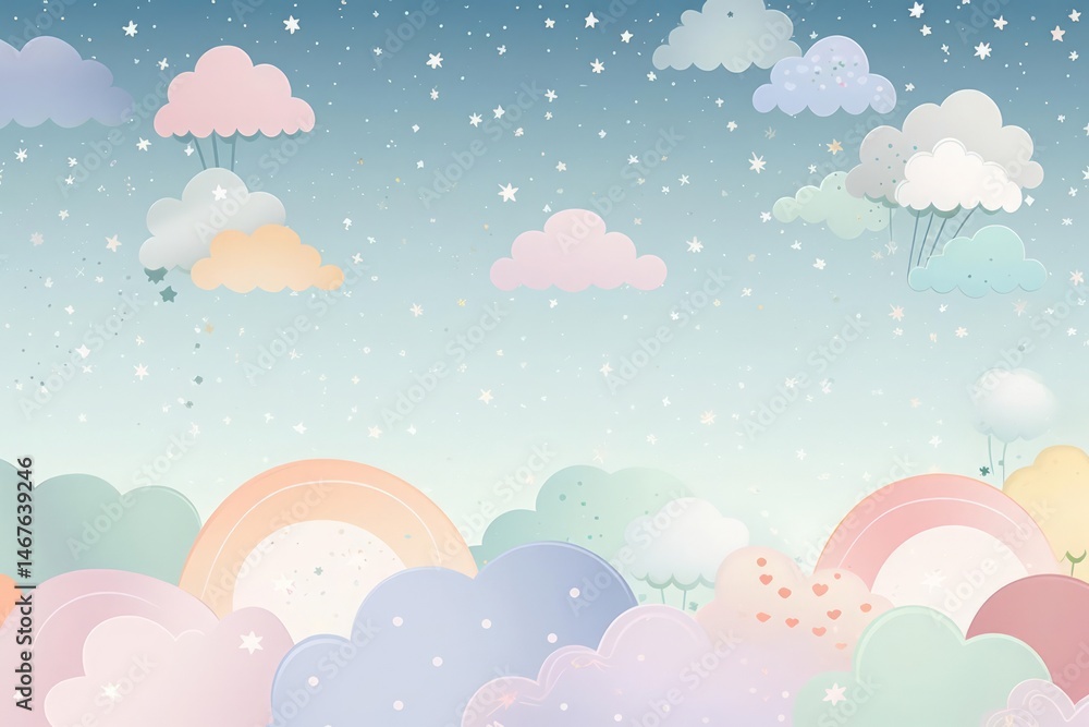Illustration of pastel-colored clouds, rainbows, and stars against a light blue gradient background. Illustration of pastel-colored clouds, rainbows, and stars against a light blue gradient background.