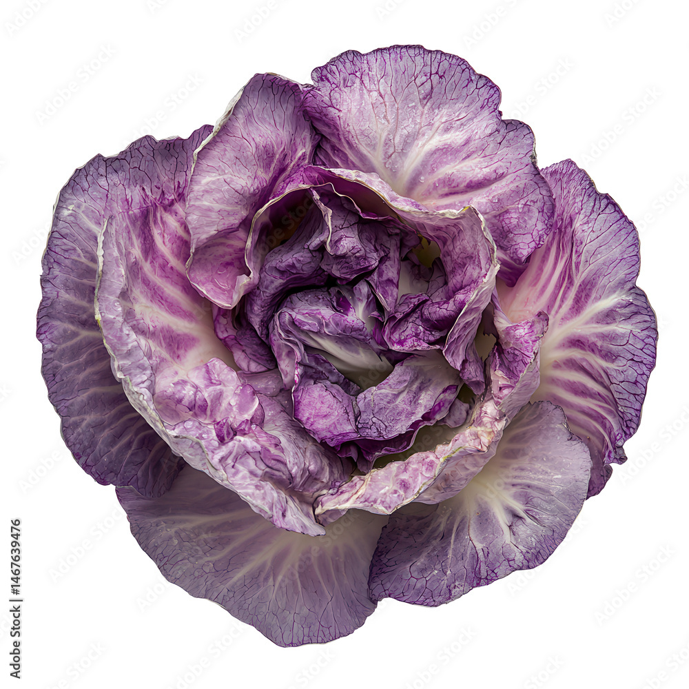 Obraz premium Purple cabbage displays intricate layers and vibrant colors showcasing its natural beauty and freshness at a local market