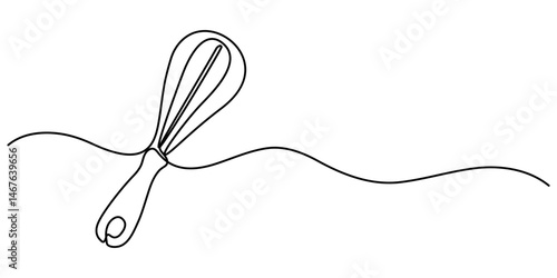 Continuous one line drawing whisk. Stock vector illustration, Whisk Kitchen Icon In Line Style, Recipe continuous line drawing with color shapes,  Single one line drawing Manual Mixer, Cooking.      