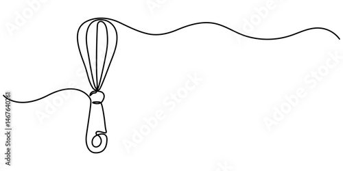 Continuous one line drawing whisk. Stock vector illustration, Whisk Kitchen Icon In Line Style, Recipe continuous line drawing with color shapes,  Single one line drawing Manual Mixer, Cooking.      