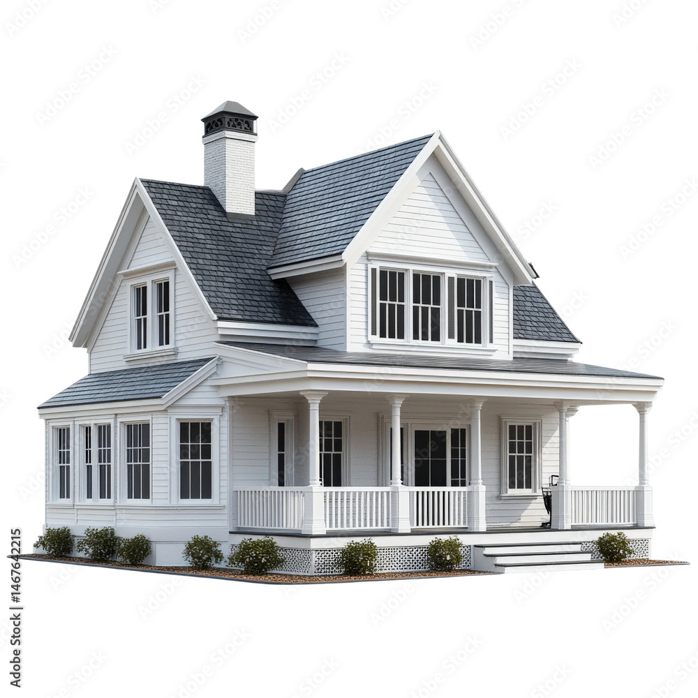 Charming white house in a suburban neighborhood daytime architectural view isolated on transparent background Charming white house in a suburban neighborhood daytime architectural view isolated on transparent background