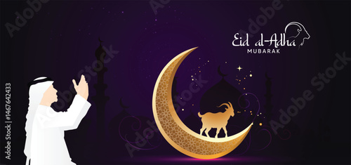 Eid al Adah Arab man praying golden Crescent moon vector poster