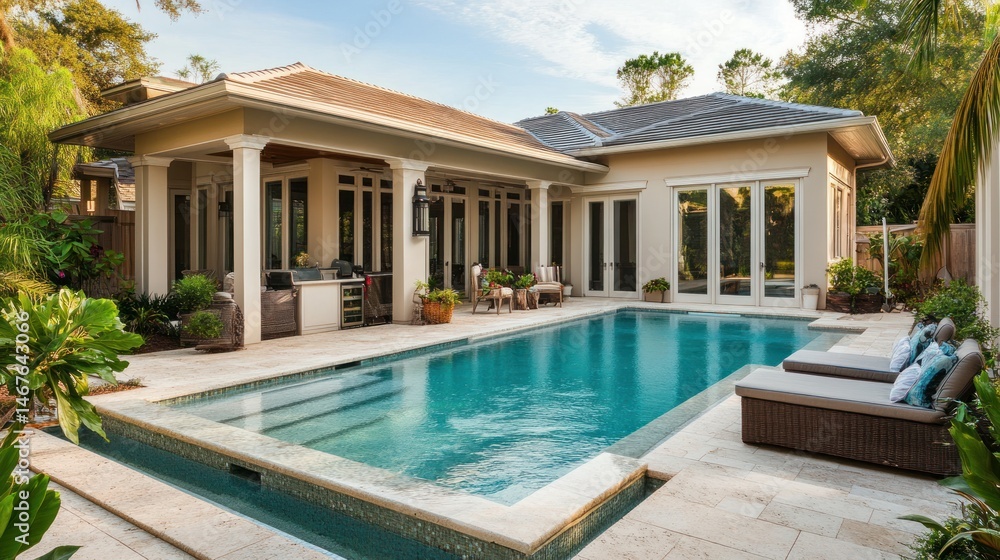 Fototapeta premium Modern pool house backyard oasis