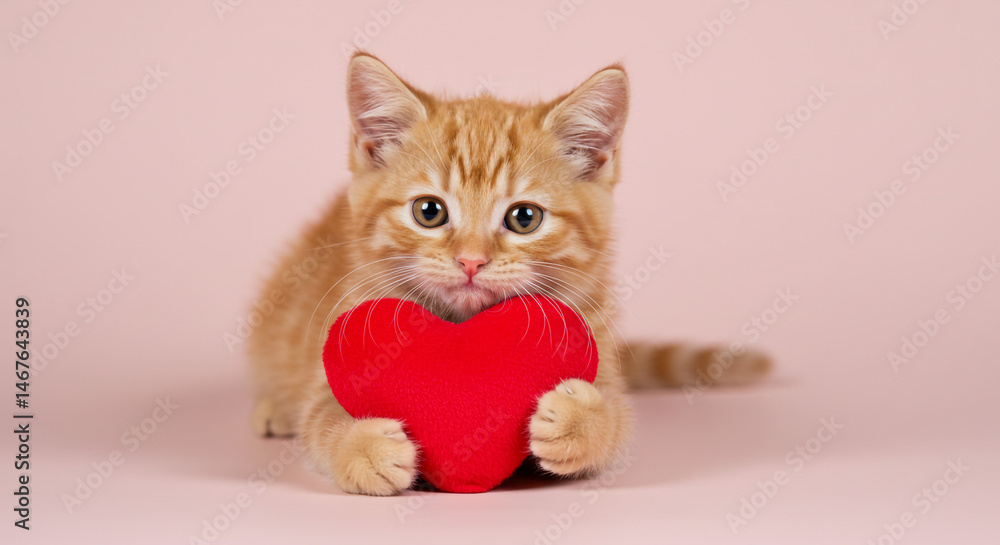 Cute ginger kitten holding a red heart.
Cute ginger kitten holding a red heart.