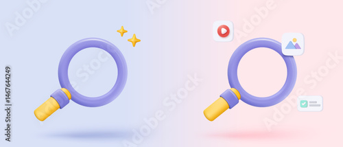 3d media file management concept. Searching image and video files in database. Document management soft, document flow app, compound docs concept. 3d magnifying icon vector rendering illustration
