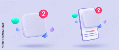 3D app icon signs with notice push alert speech bubble, online social conversation push notice, announcement blank app, chat with social media. 3d reminder buttons icons render vector illustration
