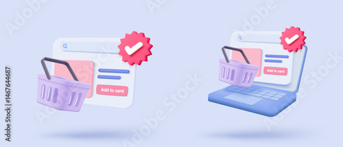 3d shopping bag for online shopping and digital marketing concept. Basket minimal icon with shadows on purple background. Shopping bag for buy, sale, discount, promotion. 3d vector icon illustration