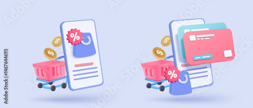 3d shopping bag for online shopping and digital marketing concept. Basket minimal icon with shadows on purple background. Shopping bag for buy, sale, discount, promotion. 3d vector icon illustration