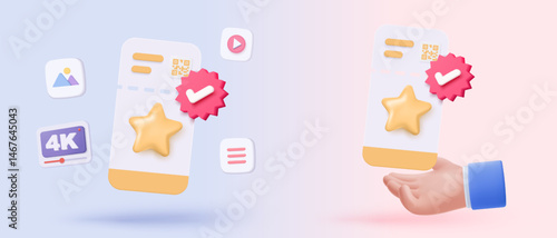 3D cinema movie ticket in holding hand, ready for watch movie in theatre. Media film for entertainment, booking ticket service. 3d vector cinema coupon icon render illustration
