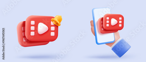 3d social media icon with live multimedia streaming and emotion. Social society online record video for make money passive income. 3d media live entertainment icon vector render illustration