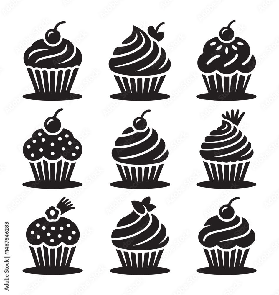 A collection of black silhouette cupcakes with cherries on top, ideal for bakery and dessert-related design themes. A collection of black silhouette cupcakes with cherries on top, ideal for bakery and dessert-related design themes.