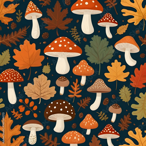 Autumnal Mushroom and Leaf Pattern Seamless Design Perfect for Fall Themed Projects