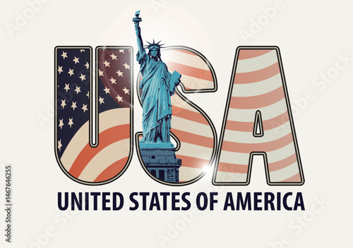 Vector banner with word USA, American flag inside the letters, New York Statue of Liberty on light background. Design for t-shirt, postcard, poster. No AI used