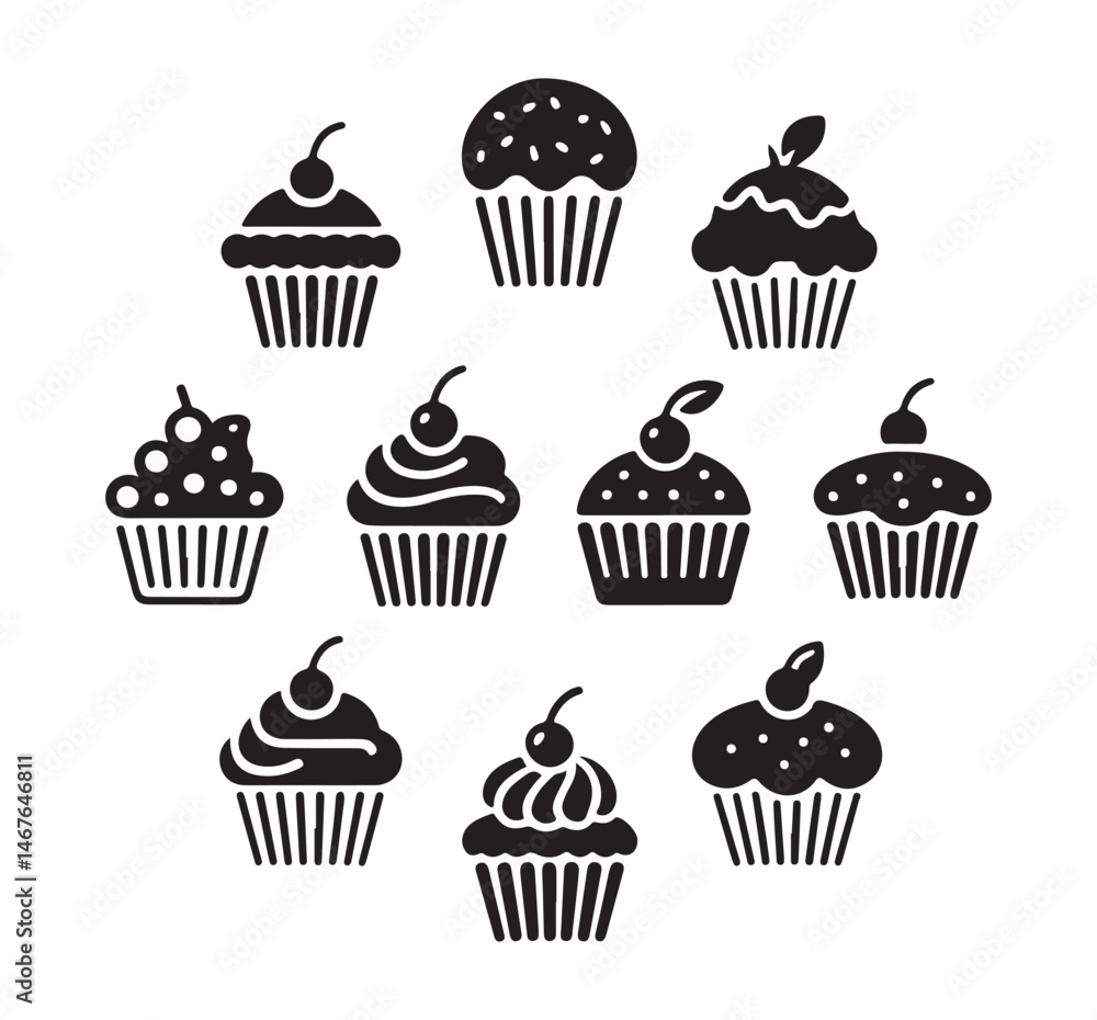 A collection of black silhouette cupcakes with cherries on top, ideal for bakery and dessert-related design themes. A collection of black silhouette cupcakes with cherries on top, ideal for bakery and dessert-related design themes.
