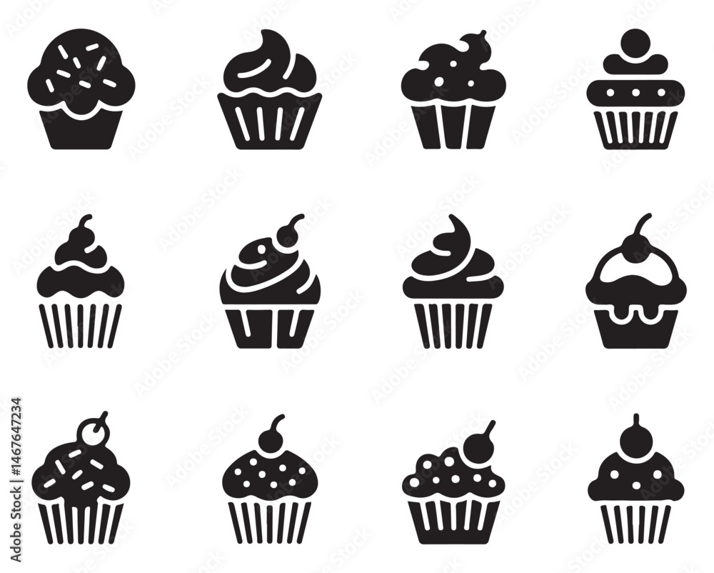 A collection of black silhouette cupcakes with cherries on top, ideal for bakery and dessert-related design themes. A collection of black silhouette cupcakes with cherries on top, ideal for bakery and dessert-related design themes.
