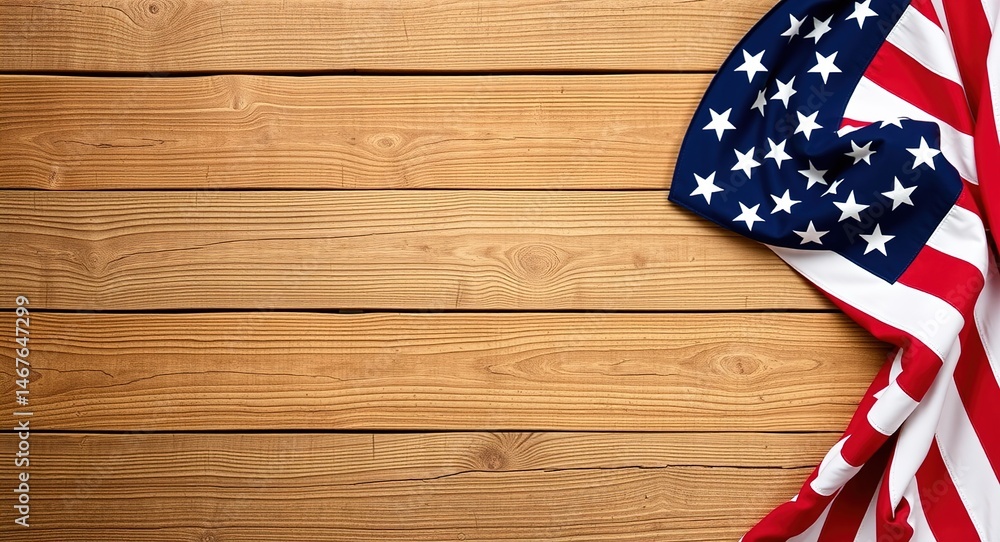 Obraz premium Rustic, horizontal layout with a wooden background on the left and a partially draped American flag on the right. The vibrant flag contrasts with the muted wood, creating a patriotic theme.