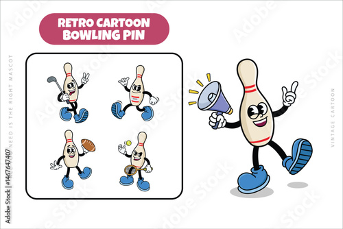 Set of Traditional Bowling Pin Cartoon Illustration with Varied Poses and Expressions