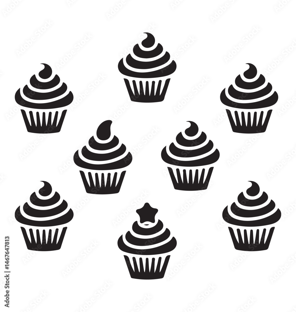 A collection of black silhouette cupcakes with cherries on top, ideal for bakery and dessert-related design themes. A collection of black silhouette cupcakes with cherries on top, ideal for bakery and dessert-related design themes.