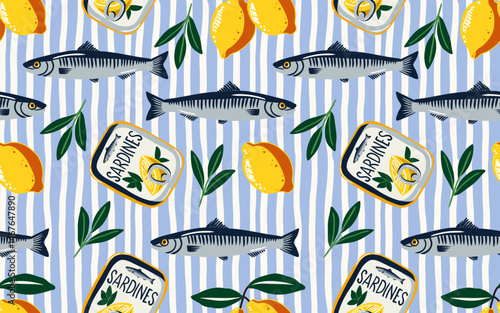 Vector seamless pattern with sardines, lemon halves, olive leaves, and tin cans on wavy blue stripes. Perfect for food packaging, kitchen textiles, menus, and seafood-themed design projects