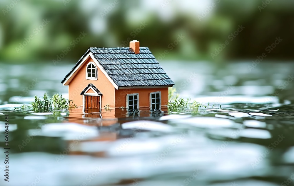 A miniature partially submerged red-roofed house model with chimneys and windows against a blurred green background. A miniature partially submerged red-roofed house model with chimneys and windows against a blurred green background.