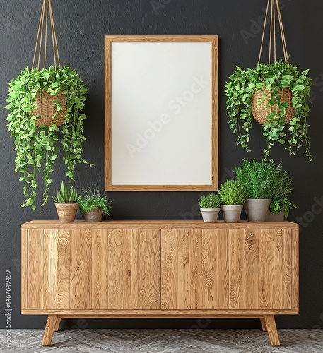 Modern Wooden Console with Plants and Greenery in Stylish Interior