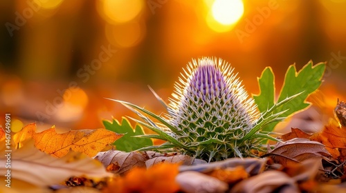 Stunning Artichoke Plant Surrounded by Autumn Leaves at Sunset