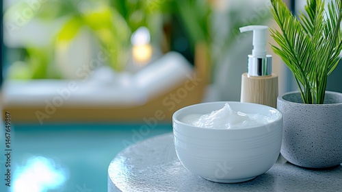 Tranquil Spa Setting with Cream and Greenery for Relaxation