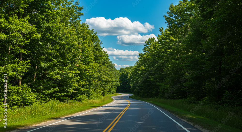 Fototapeta premium Straight paved road passing through a lush green forest. 