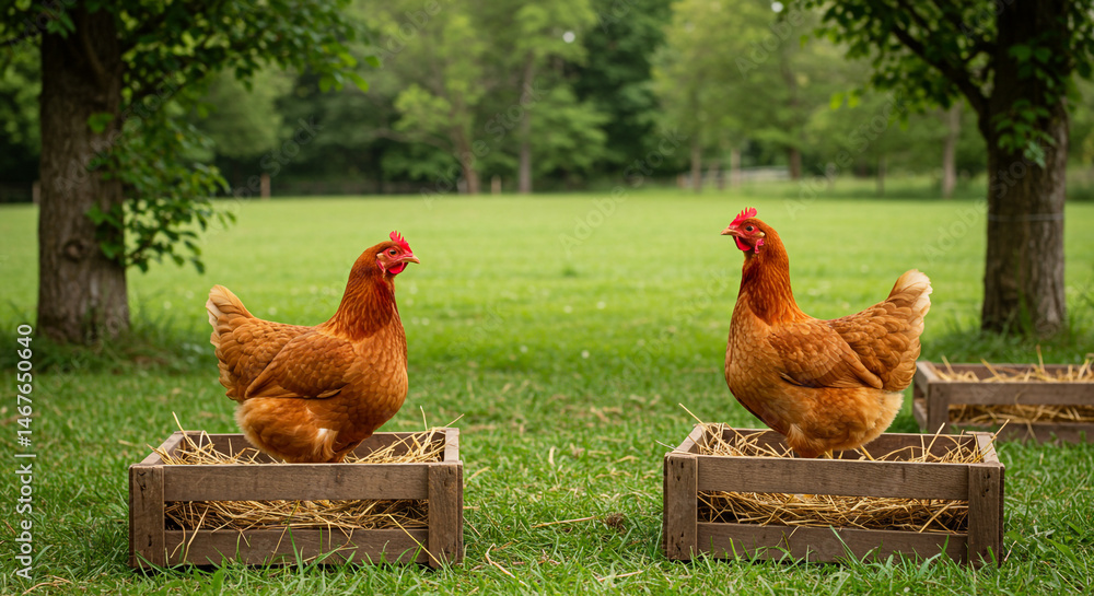 Fototapeta premium Two brown chickens in a grassy outdoor area. 